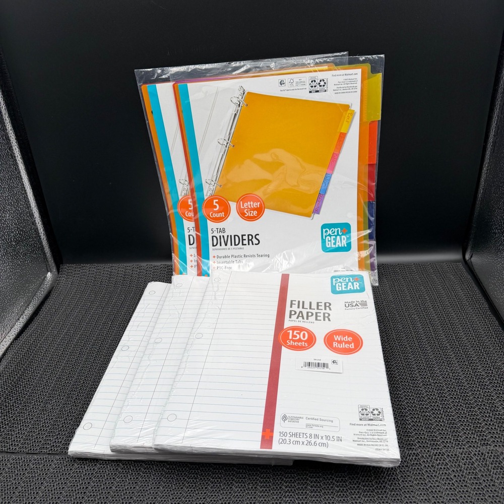 Pen+Gear Wide Ruled Filler Paper 3pk & 5-Tab Plastic Dividers 2pk Bundle 1129